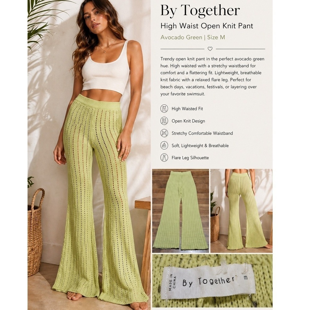 By Together Avocado Green Open Knit Flare Pants High Waist Beach Resort Size M